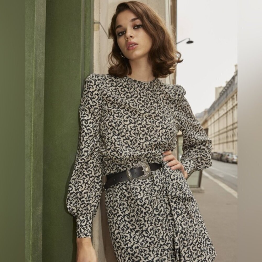 The Kooples Silk Mini Dress Baroque Lace-Print Long Sleeve Sz 1